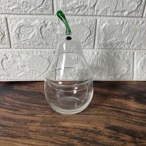 Vintage Clear Glass Pear‑Shaped Jar 6.5” • Lidded Stemmed Jam Sugar Candy Bowl